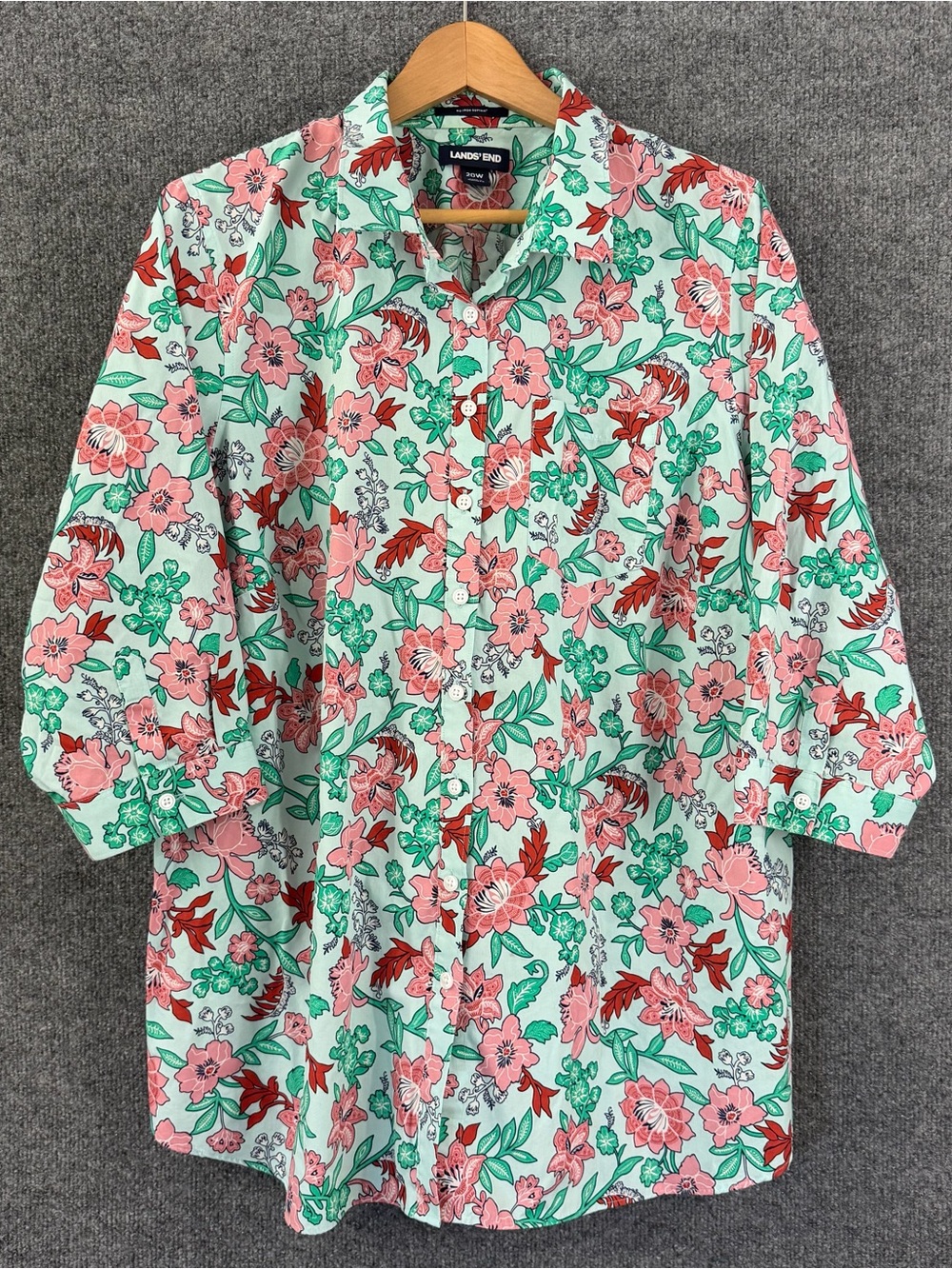 Lands’ Ens Womens Floral Button Up Top Size 20W 3/4 Sleeve Multicolor Office